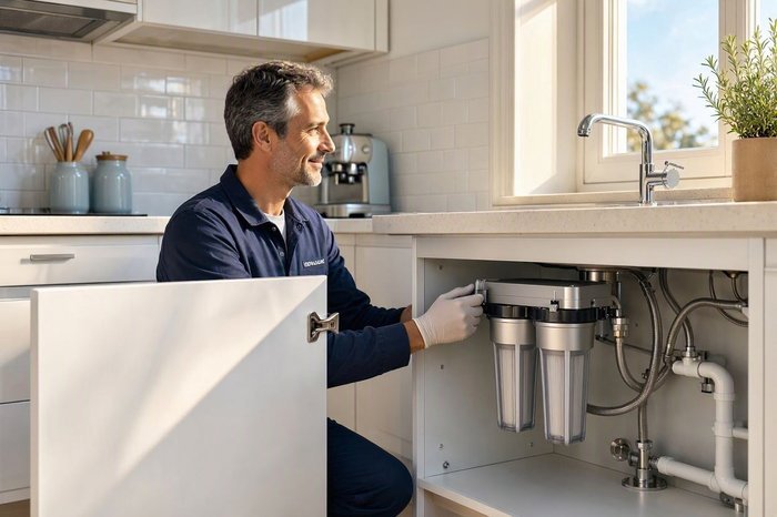 Técnico instalando un sistema de filtración bajo el fregadero
