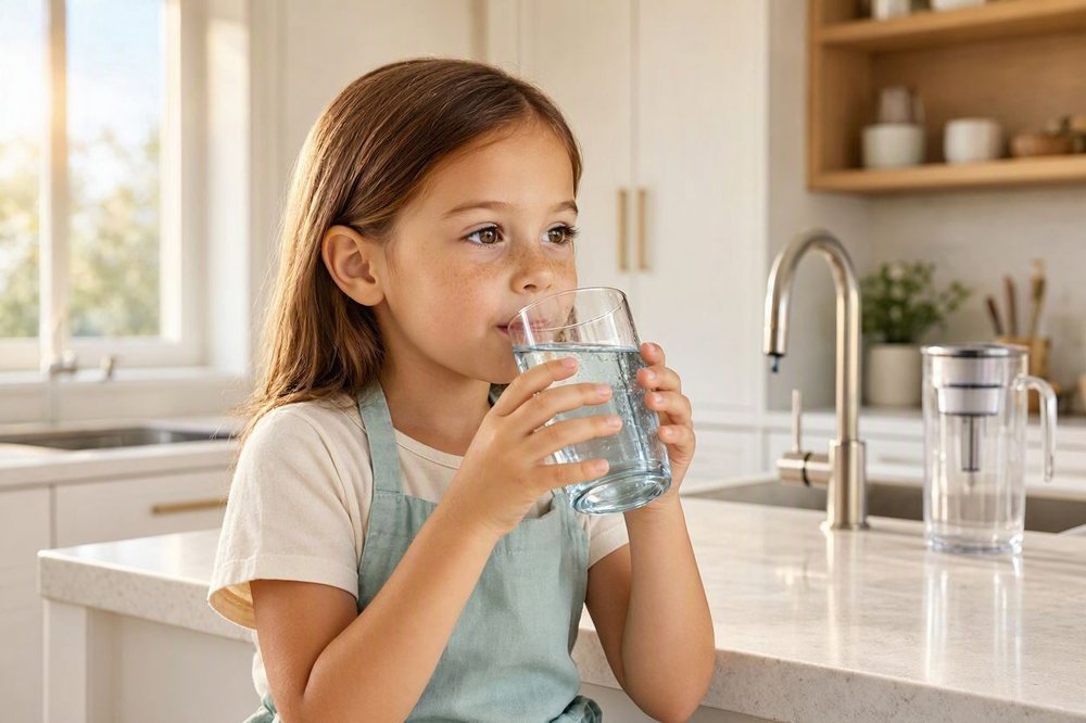 Niña bebiendo un vaso de agua filtrada en la cocina