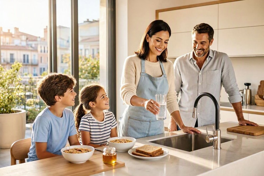 Familia disfrutando de un vaso de agua filtrada en la cocina