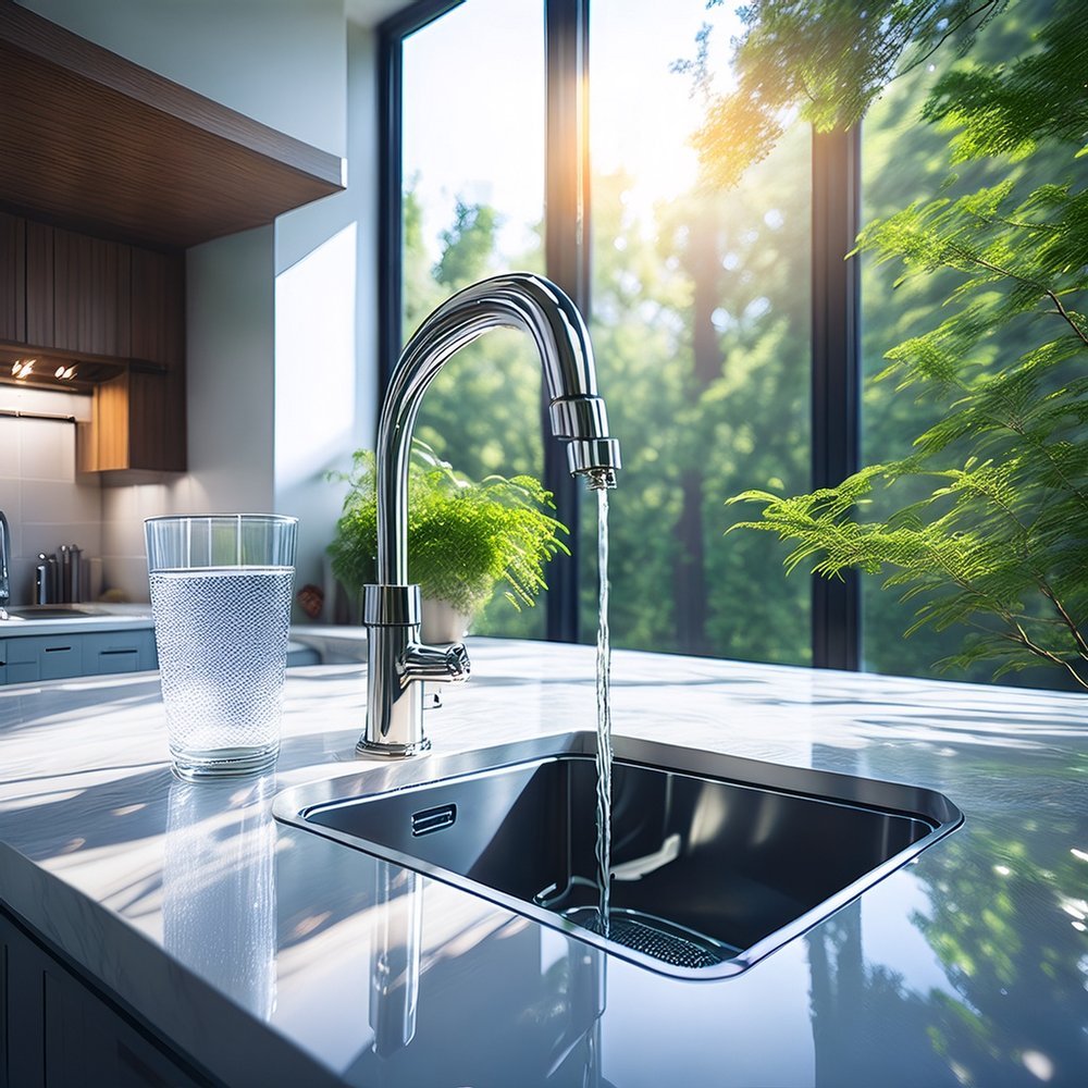Grifo sirviendo agua filtrada en un vaso junto a una ventana
